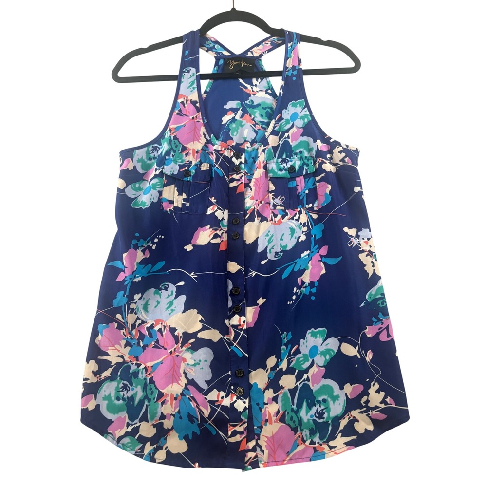 Yumi Kim Floral Racerback Button Down Tank Top Navy Blue Multicolor Small
